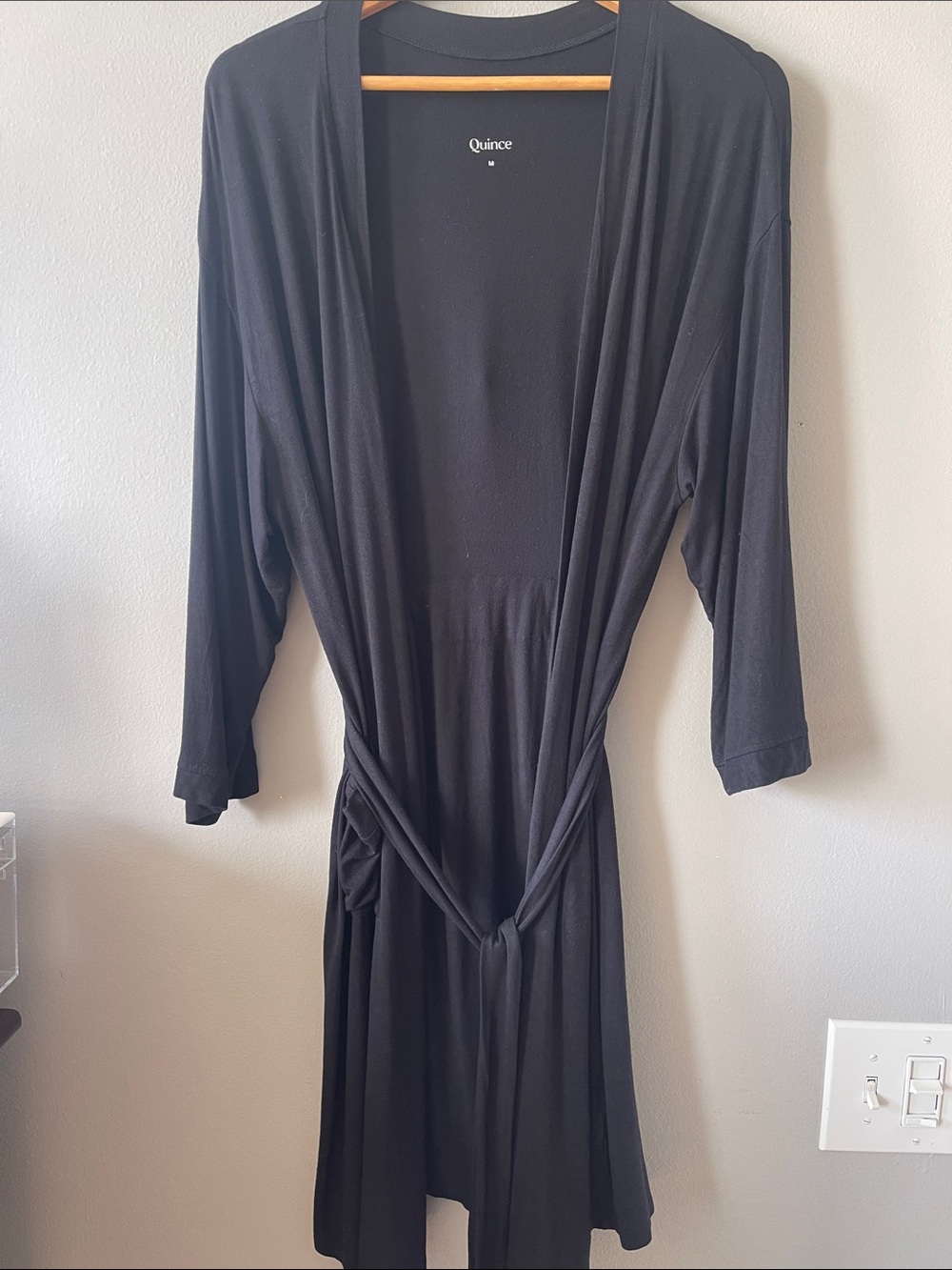 Quince Black Long-Sleeve Wrap Dress with Self-Tie Waist